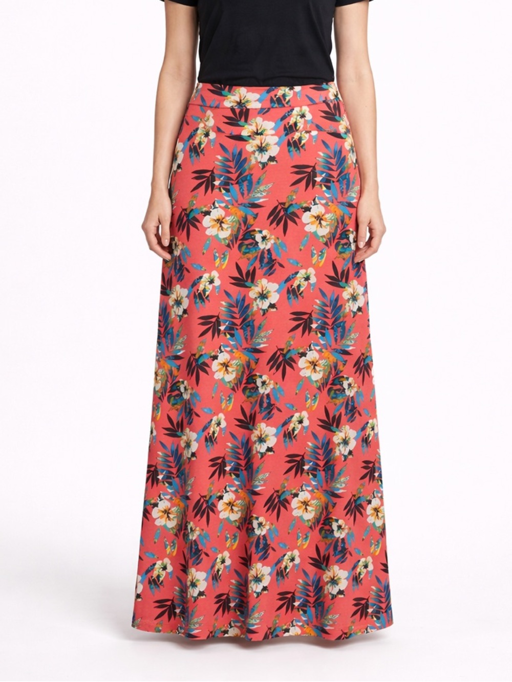 LOVEAPPELLA Deanne Knit Maxi Skirt Coral Tropical Floral Print Size XL